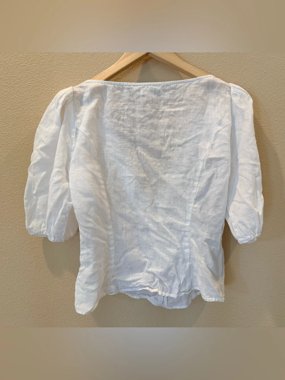 Reformation White Linen Puff-Sleeve Button Blouse